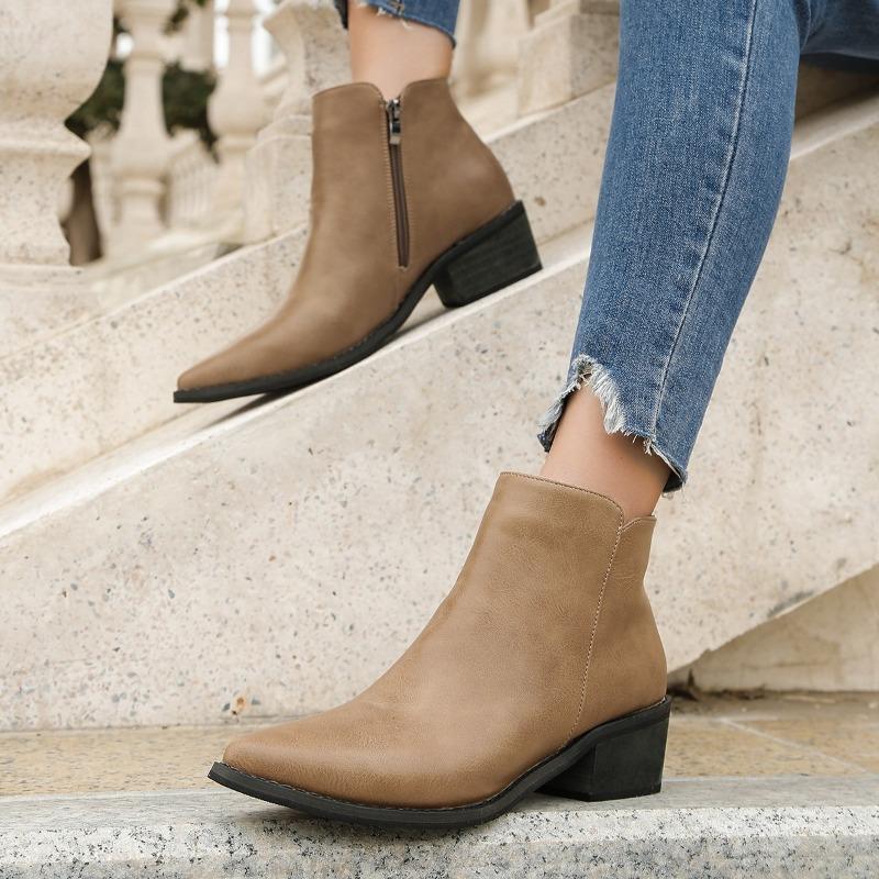 Лидер продаж 2024 года, женская обувь на боковой молнии, женские ботинки, осенние однотонные босоножки с острым носком на массивном каблуке, большие размеры