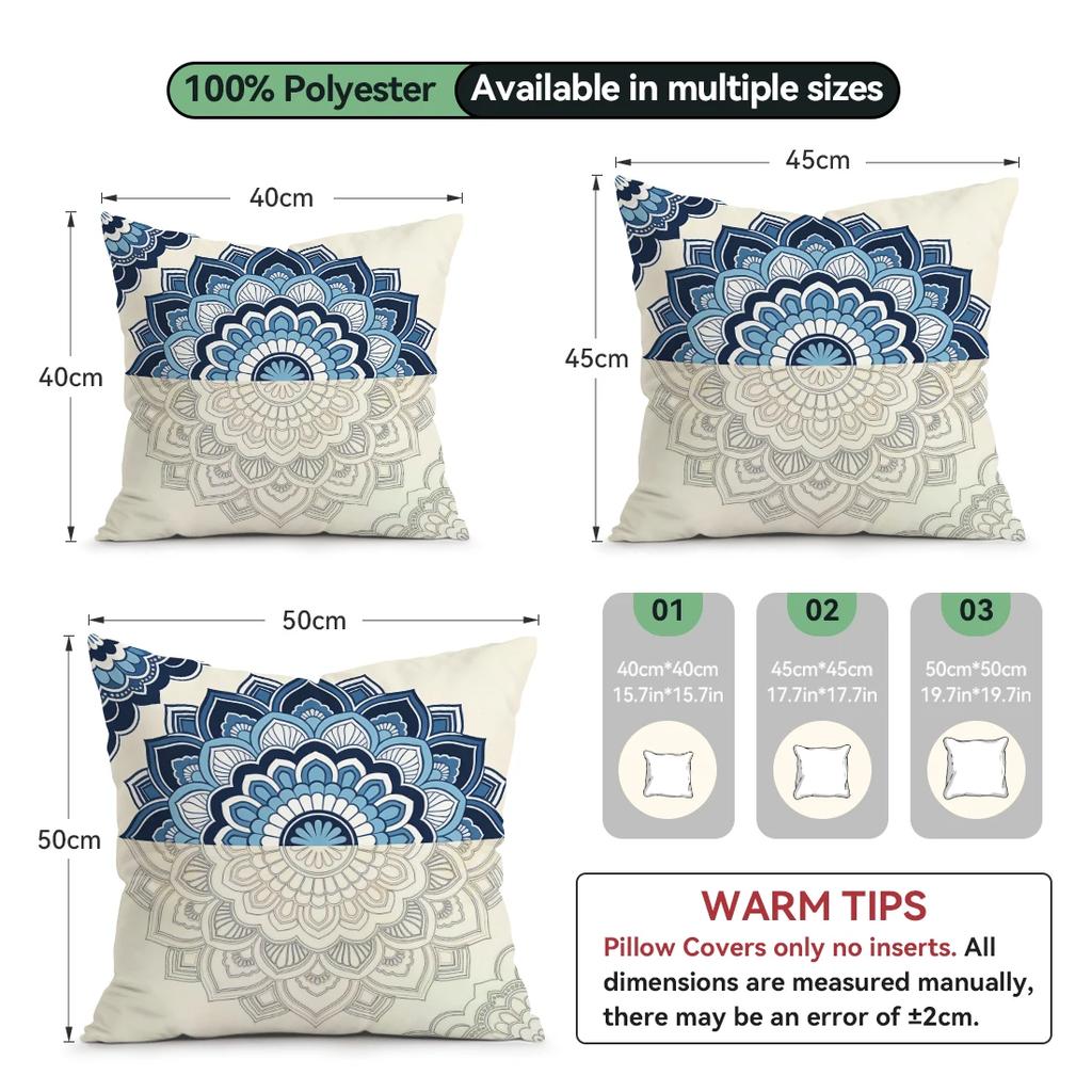 4 Pcs Mandala Flowers Single-Sided Printed Pillowcase Cushion Cover,Suitable For Living Room,Bedroom,Car Decoration
