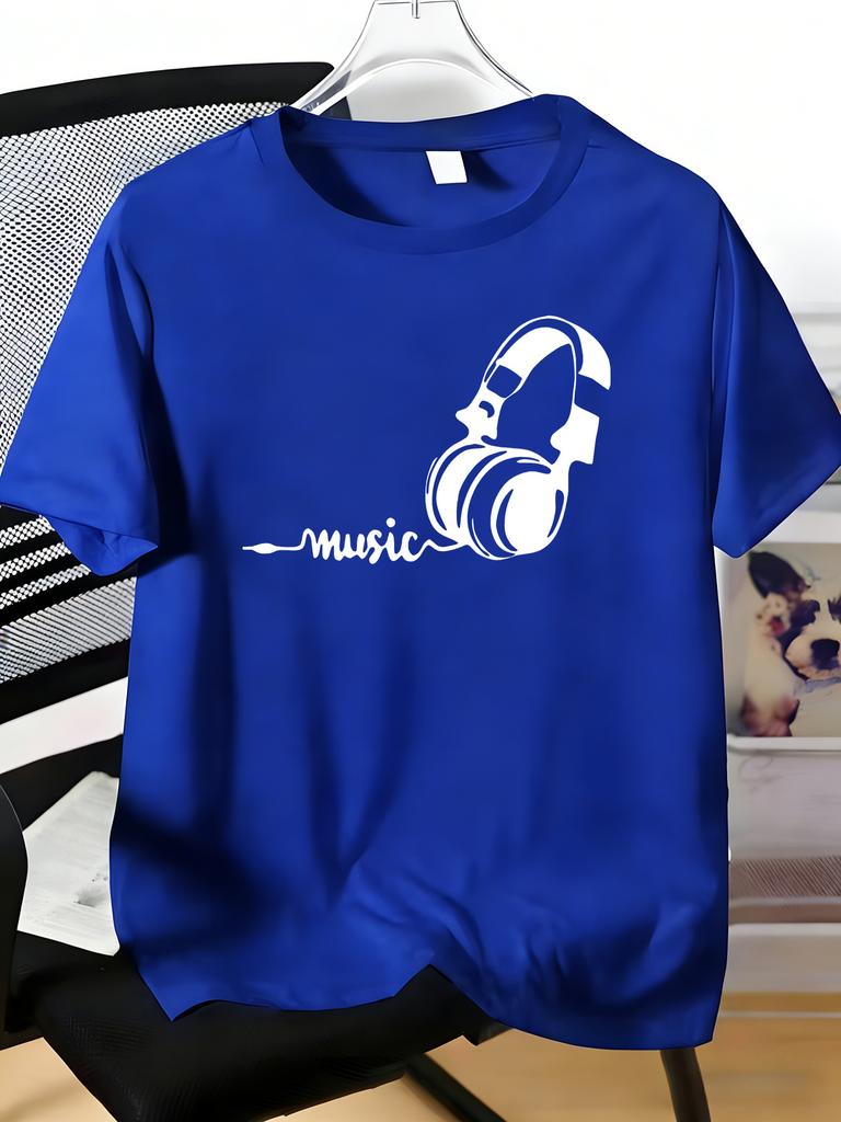 Unisexs Tee Stylish Headphone Music Word Art Print Cotton Short Sleeve Male Casual Streetwear Outdoor Daily Basic Fashion Wear Top