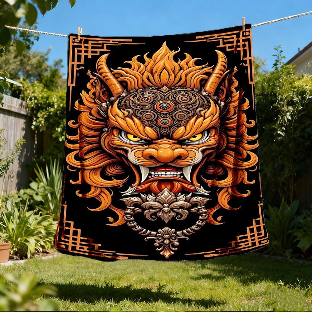 1pc Dragon Mask Design Outdoor Flannel Blanket Soft All Season Polyester Throw , Perfect for Picnics & Travel , Picnic Accessory