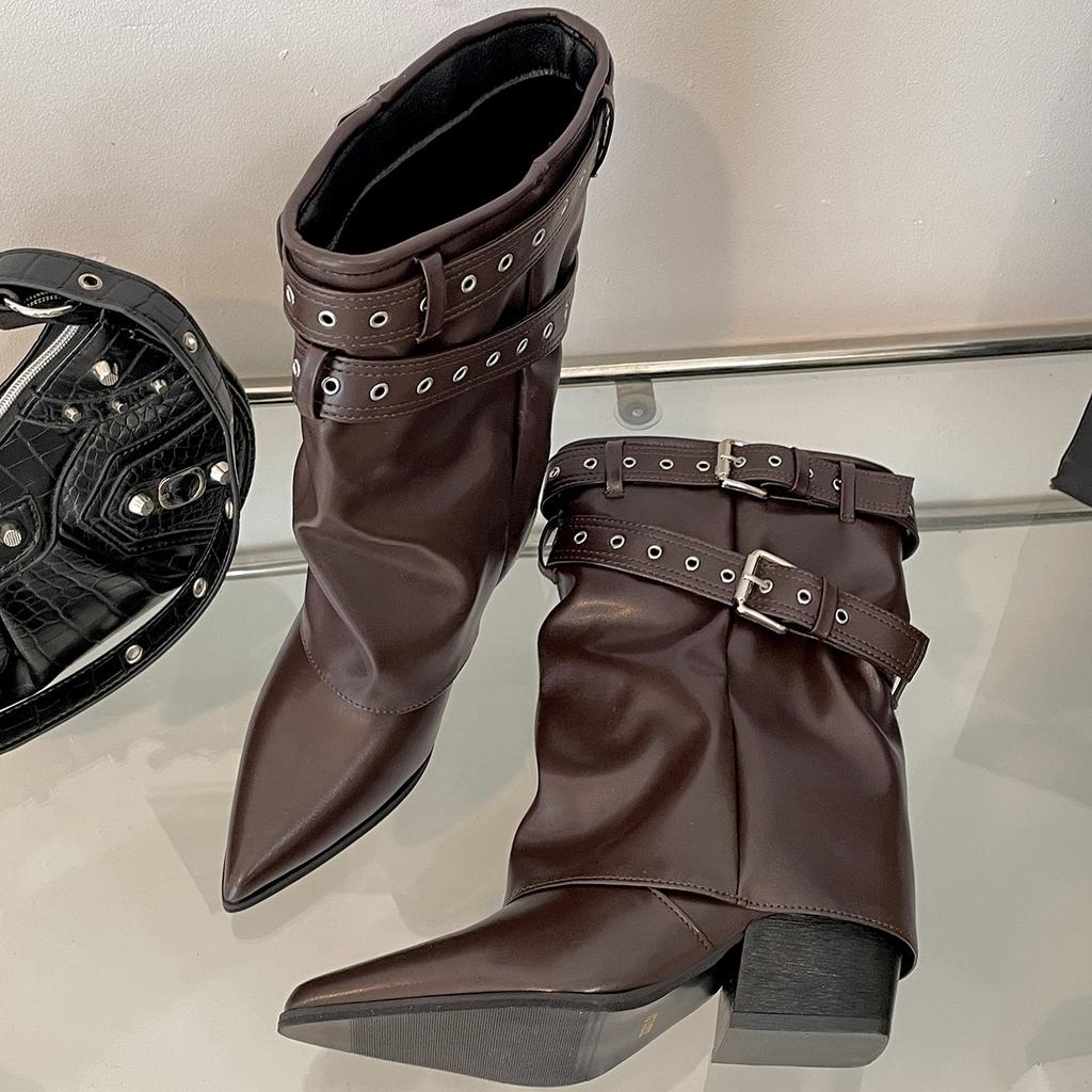 Белые ботильоны на толстом высоком каблуке с острым носком в британском стиле женские 2025 новая осень с юбкой увеличивающие рост и стройнящие сапоги-трубы