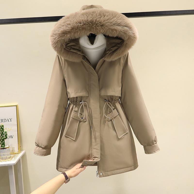 Cotton-padded women's medium and long drawstring pie overcomes big fur collar hooded down cotton-padded winter warm jacket