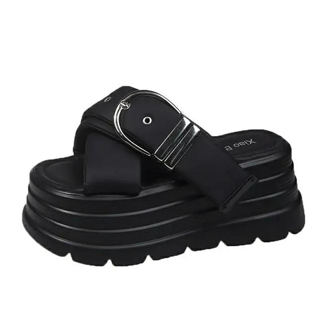 Модные 8-сантиметровые сандалии на танкетке с модной пряжкой для женщин, уличные повседневные шлепанцы на платформе для женщин, нескользящие сандалии для женщин, универсальная женская обувь