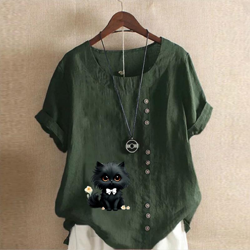 Women's Fashion Cat Prined Short Sleeve T-shirt Loose Cotton Shirt Casual Loose Summer Blouse Tops Plus Size