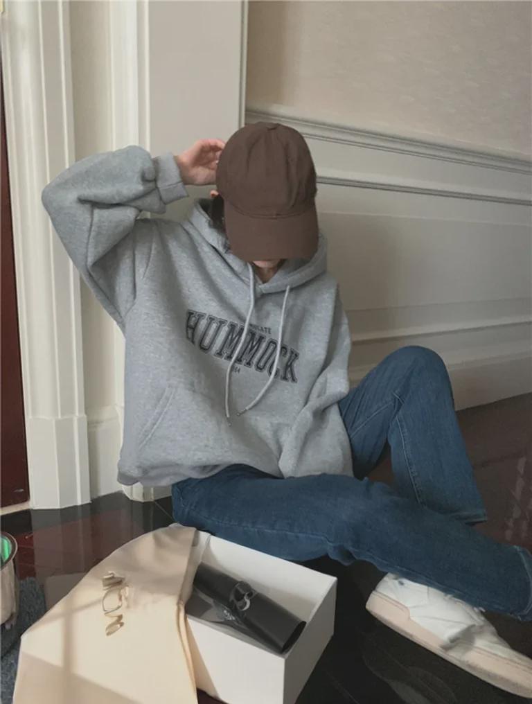 Women's Hooded Plush Sweatshirt - Autumn/Winter, Loose Fit, Letter Print, Trendy Korean Style, Long Sleeve Student Jacket