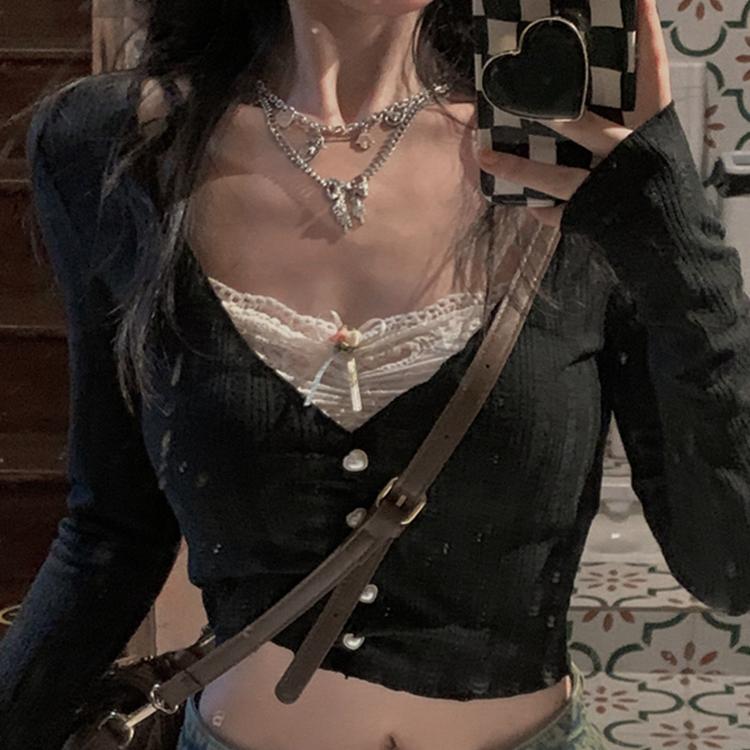 Французская девушка с v-образным вырезом, искусственная двухсекционная строчка, кружевной внутренний вязаный кардиган, футболка, женский короткий топ, осень