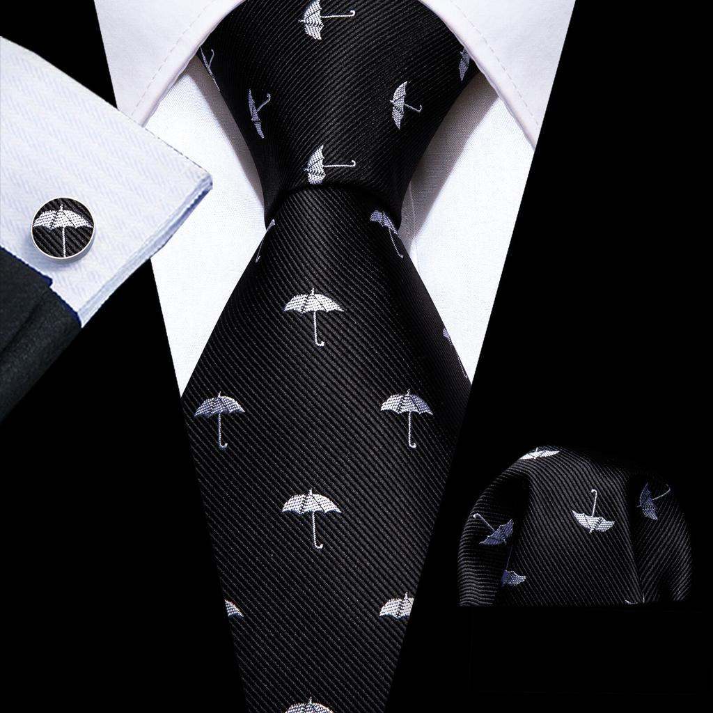 Barry.Wang Classic Tie for Men Woven Silk Striped Neckties Handkerchief Set Cufflinks Formal Casual