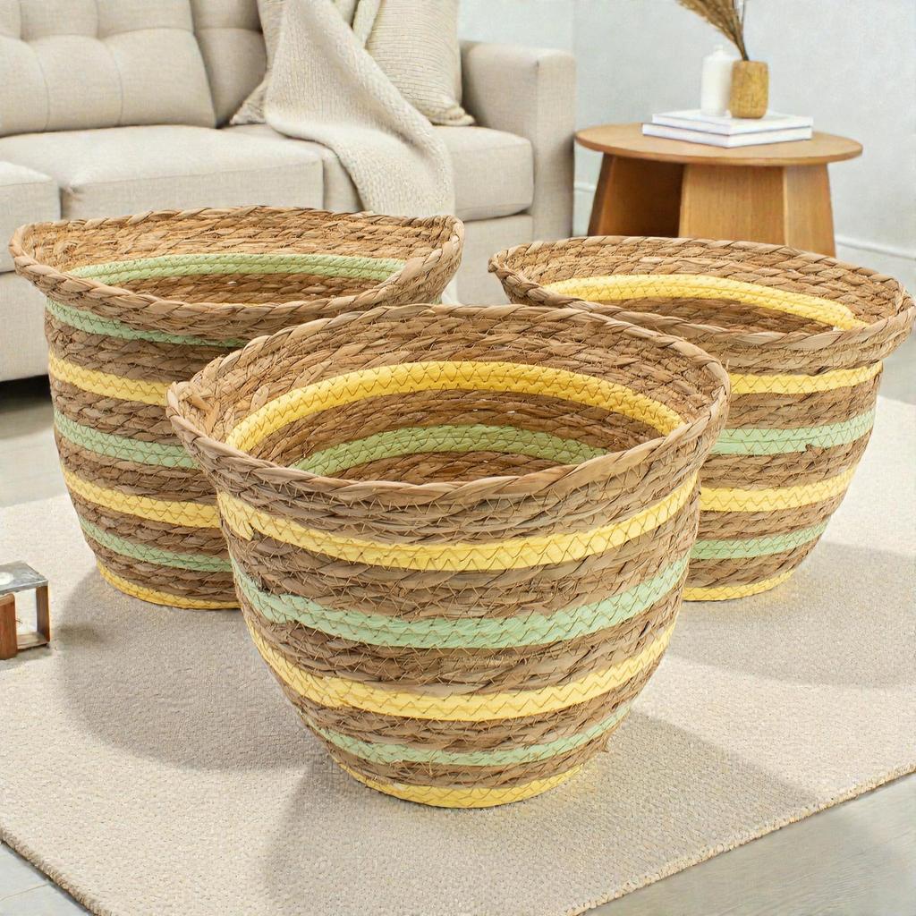 Seagrass & Straw Vase Shaped Baskets – Natural Yellow & Green – Set of 3