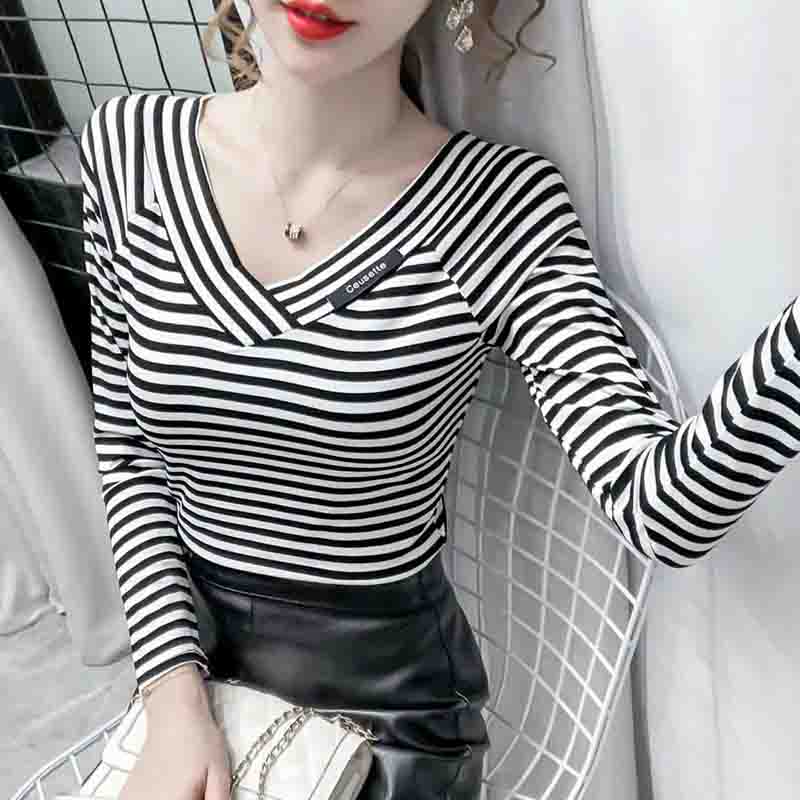 Женская футболка с v-образным вырезом и длинными рукавами, весенне-осенняя полосатая тонкая сетка для похудения, красный топ Super Fire