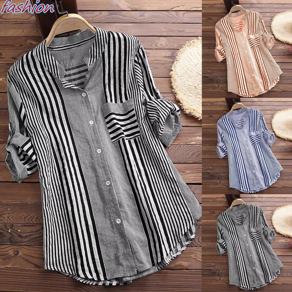 Plus Size Womens Three Quarter Striped Print V-Neck Loose Fit Top T-Shirt Blouse