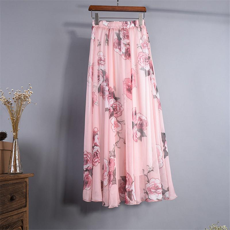 Women Boho Floor-Length Long Beach Party Loose Flare Vintage Bohemia Chiffon Floral Printed Skirts