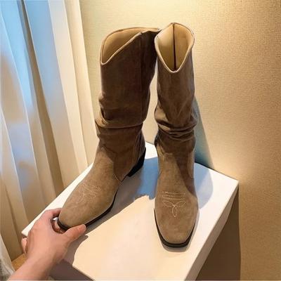 Женские сапоги на платформе осень/зима 2024 года, винтажные вышитые ковбойские сапоги в стиле вестерн, коричневые сапоги с V-образным вырезом, коричневые сапоги до середины голени, Botas Mujer