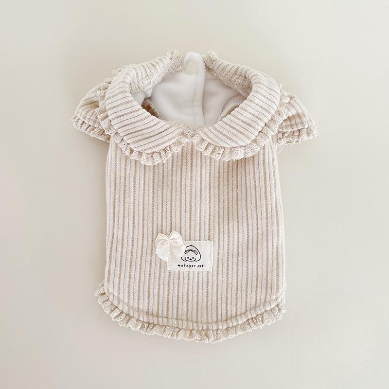 Autumn Winter Striped Lace Doll Collar Base Shirt Cute Corduroy Drawstring Vest Plush Bubble Sleeves Shoulder Strap Skirt Set