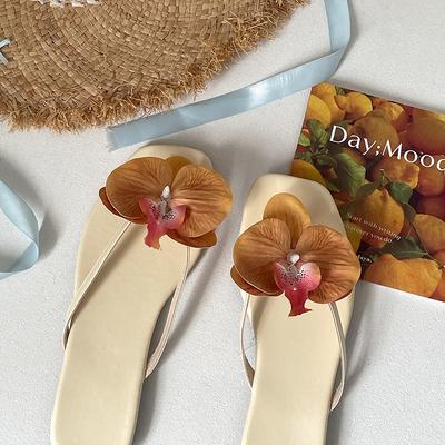 Темпераментный стиль феи цветов, плоские шлепанцы, женская летняя обувь, новинка 2025 года, французские премиальные сандалии на мягкой подошве
