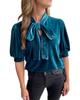 Peacock Blue Velvet Bow Tie Neck Short Sleeve Top