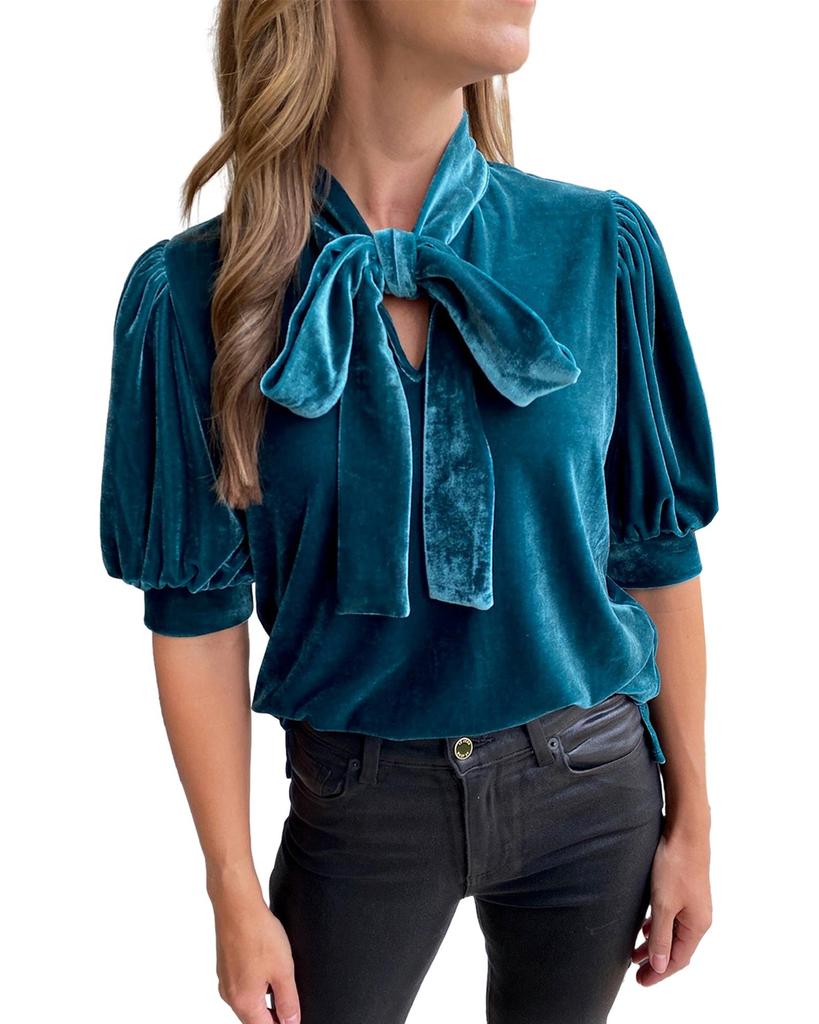 Azura Exchange Peacock Blue Velvet Bow Tie Neck Short Sleeve Top