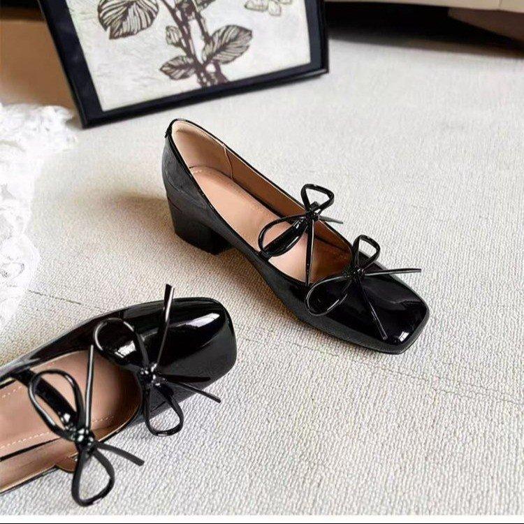 Туфли на высоком каблуке в стиле знаменитостей, женские, с бантом на толстом каблуке, маленькие кожаные туфли, весенние и летние туфли Мэри Джейн