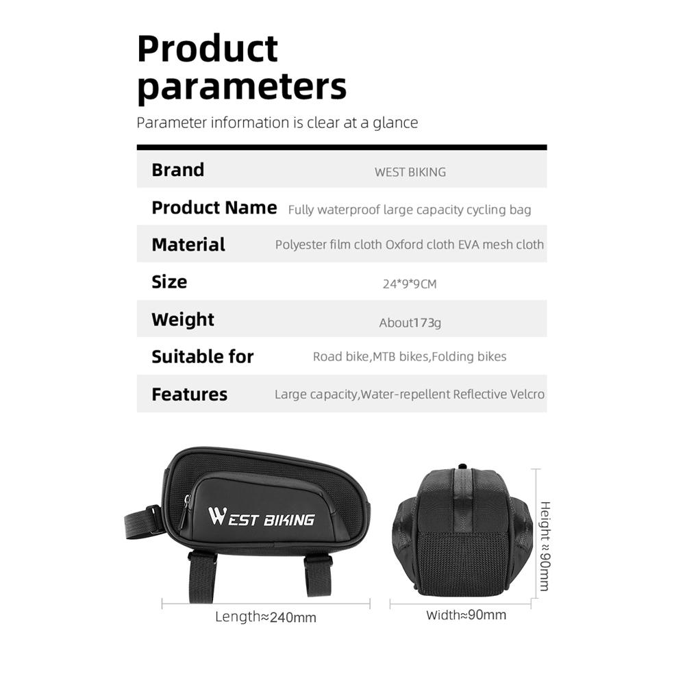 1,5 л Сумка для велосипеда Сумка с передней трубкой на раму велосипеда Сумка на переднюю раму велосипеда Водонепроницаемая гладкая молния Велосипедный спорт