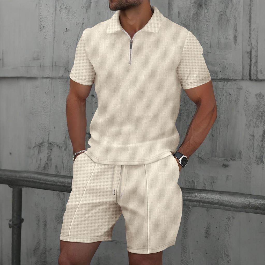 Men's Summer Waffle Knit Zipper Lapel T-Shirt & Shorts Set