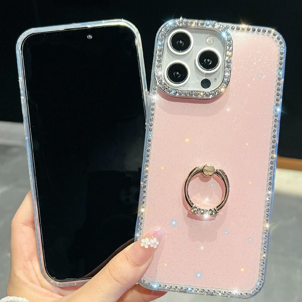 For iPhone 15 Pro Case with Ring Kickstand Rhinestone Edge TPU+PC IMD Phone Cover