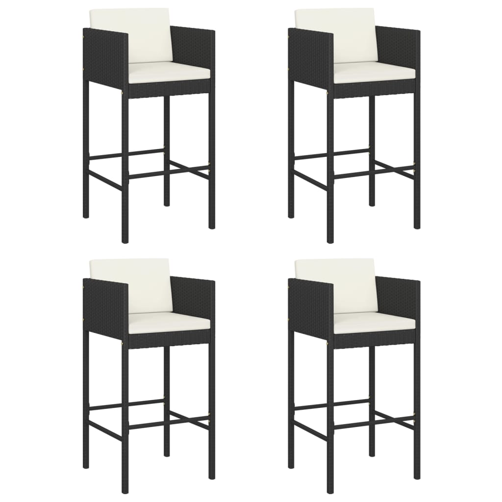 Bar Stool Set of 4 with Cushions Black Poly Rattan