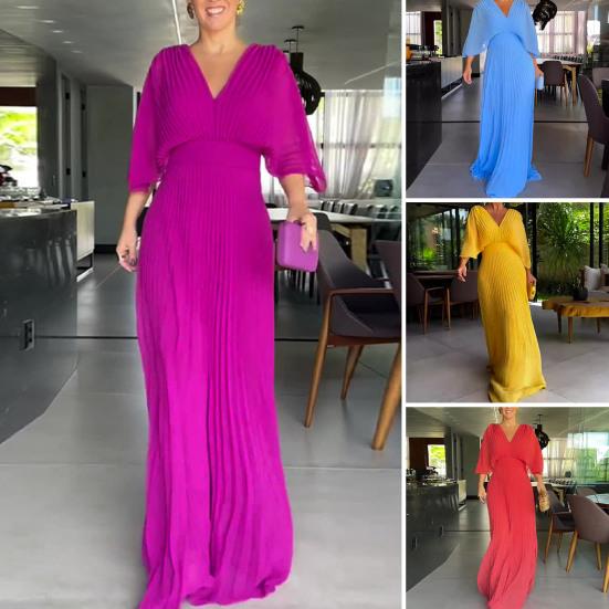Women Evening Dress Dolman Sleeves Pleated V Neck Pure Color High Slim Waist Full Length