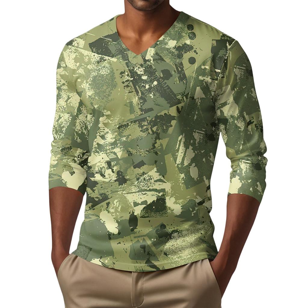 Мужская футболка с V-образным вырезом, повседневная, модная, с принтом, с длинным рукавом
