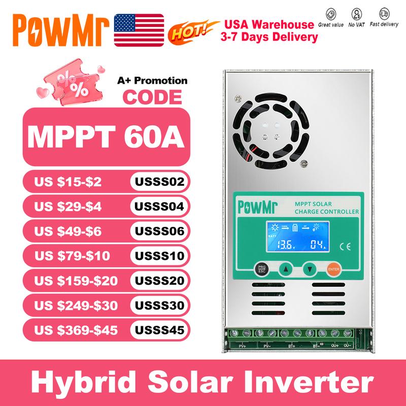 MPPT контроллер заряда солнечных батарей PowMr 60A, с функцией разряда, подсветкой, 12В 24В 36В 48В, автоматический, для вентилируемых, герметичных, гелевых, NiCd, Li солнечных элементов и панелей