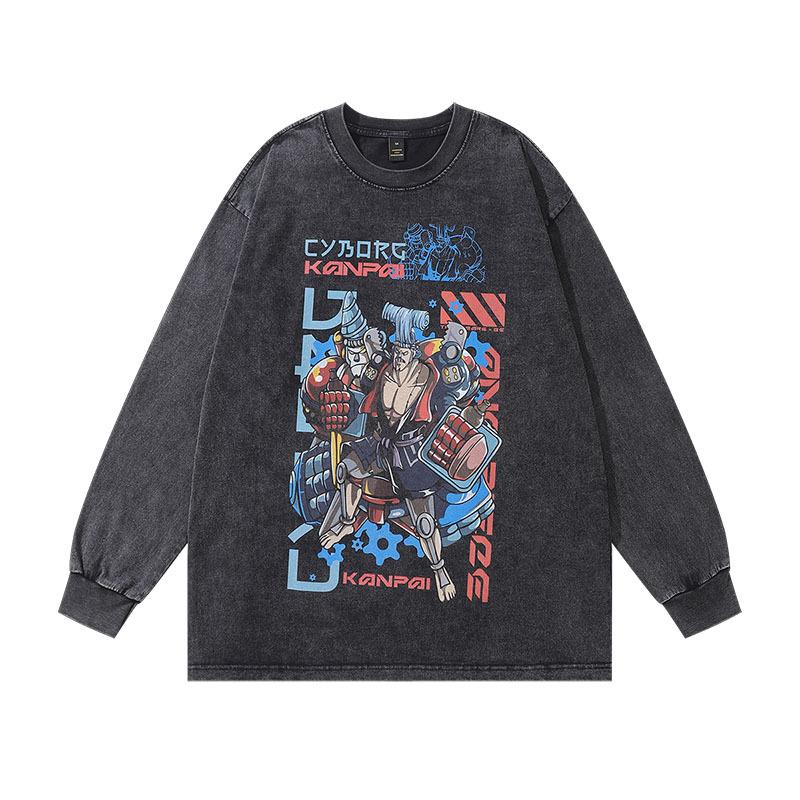 Japanese Retro Cartoon Printing Long-Sleeved Bottoming T-Shirt For Men And Women Hip-Hop Heavy Industry Washing And Doing Old Vintage Long Tee