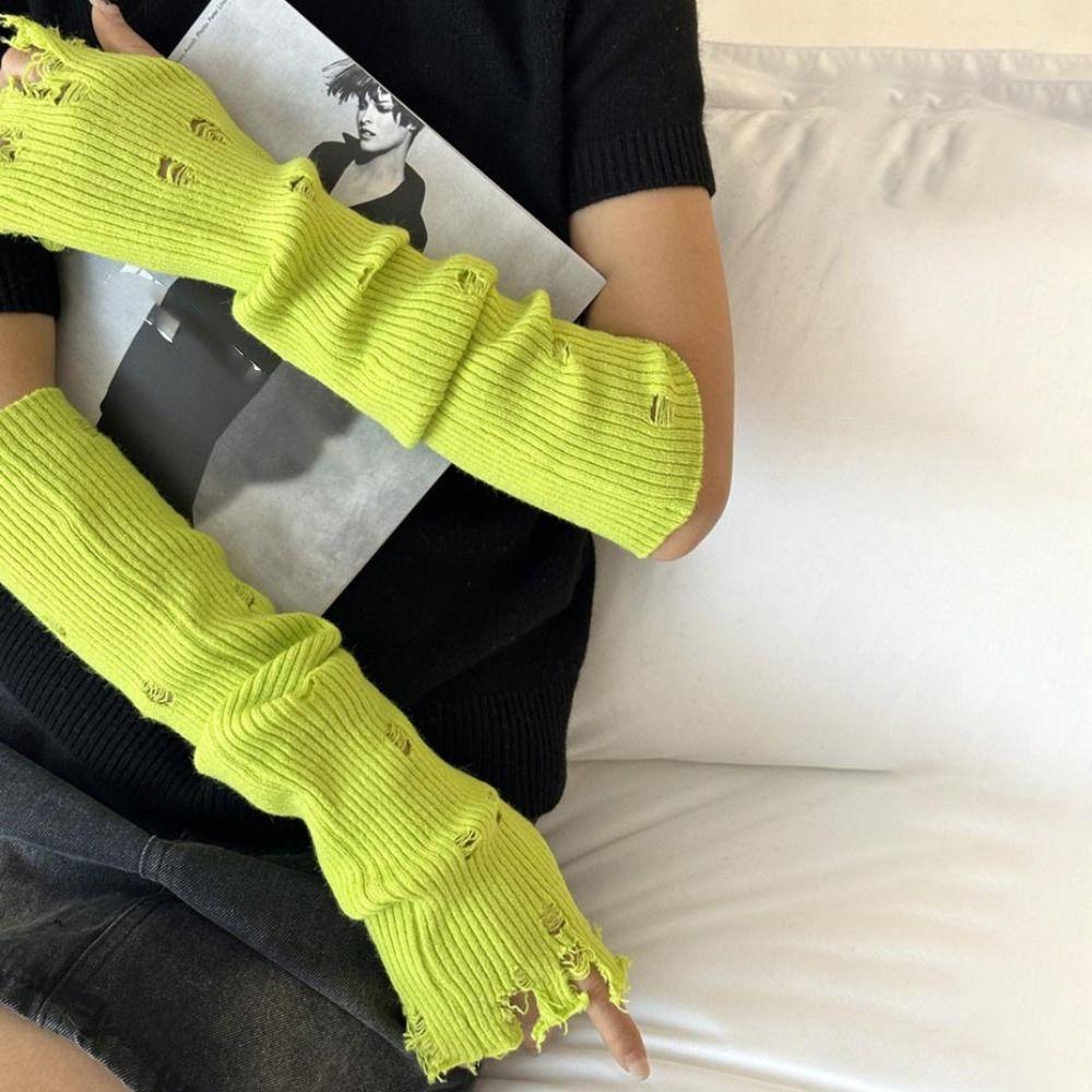 Korean Style Solid Color Long Mittens Harajuku Knitted Warm Sleeves Sweet Fingerless Gloves Girls