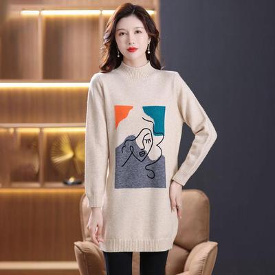 Платье для женщины Хлопок Зима Тепло Круглый вырез Длинный рукав Винтаж Повседневный С принтом Длинные Трикотажные платья-свитера стрейч