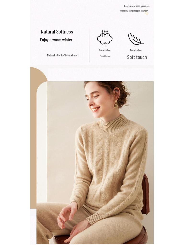 Женский кашемировый пуловер кабельной вязки - Полувысокий воротник, Длинный рукав, Однотонный, Теплый и повседневный базовый слой