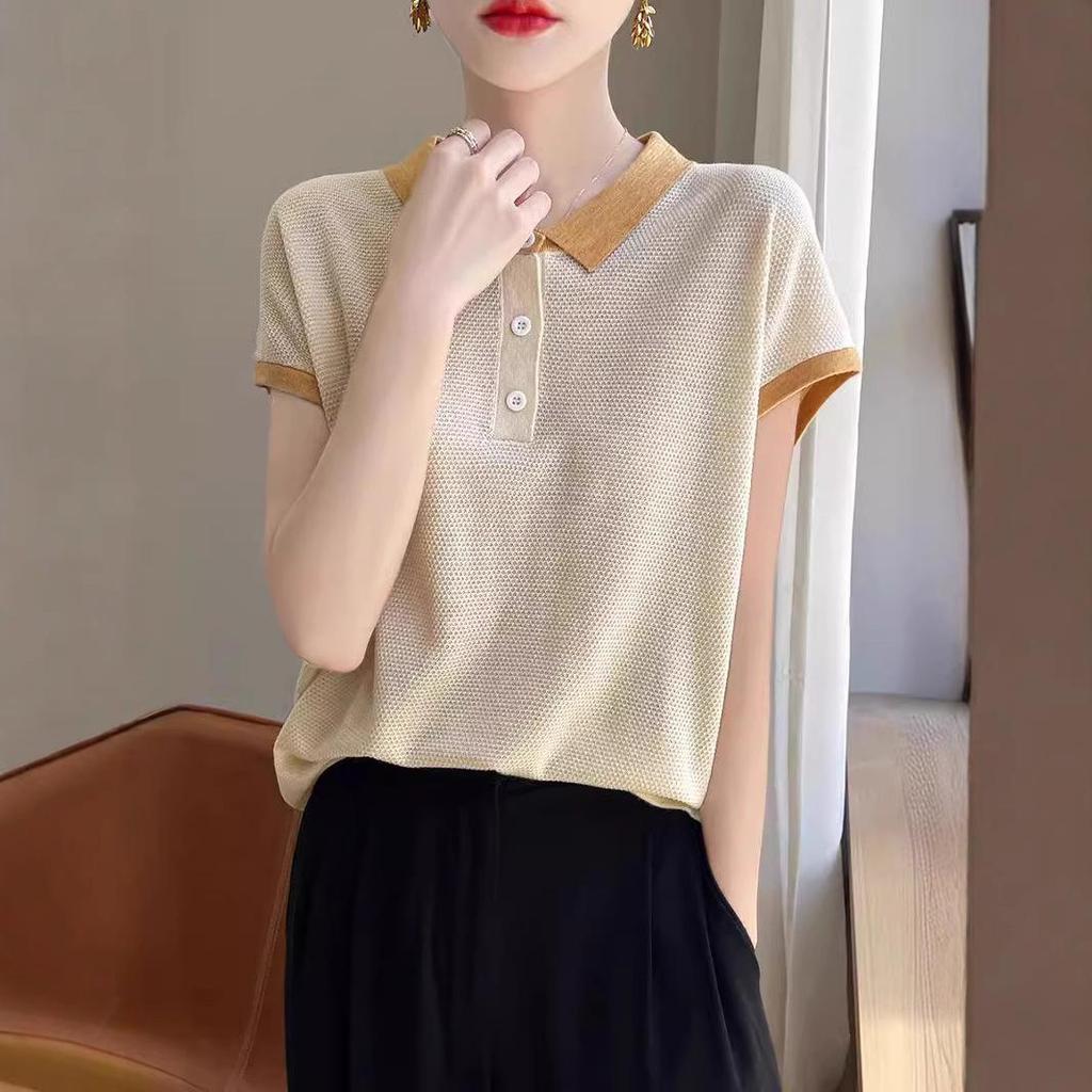 Женская футболка Tencel Colorblock Polo Collar с коротким рукавом и контрастным принтом – стильный, свободный, летний топ, который омолаживает