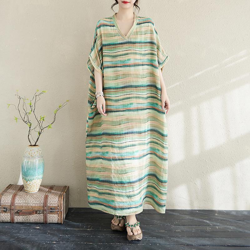 Dimanaf 2025 Женское длинное платье больших размеров Весна-лето Повседневное платье Свободное полосатое базовое хлопковое льняное винтажное макси
