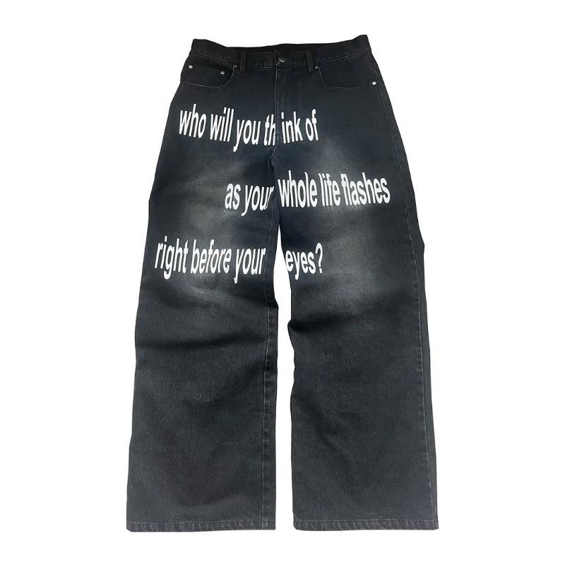 High-Waisted Wide-Leg Denim Pants With Letter Print Vintage Washed Style Men Youth Streetwear
