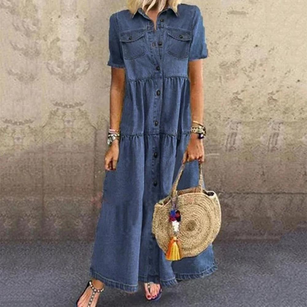 Denim Dress Retro Women Short Sleeve Turn Down Collar Pockets Button Long Loose Denim Dress Pockets Button Long Loose Plus Size