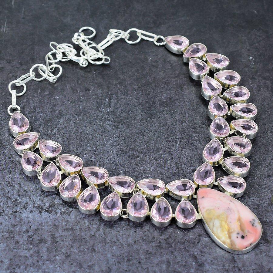Ювелирное ожерелье из стерлингового серебра 925 пробы с натуральным розовым опалом и кунцитом ручной работы 18 дюймов U0m87