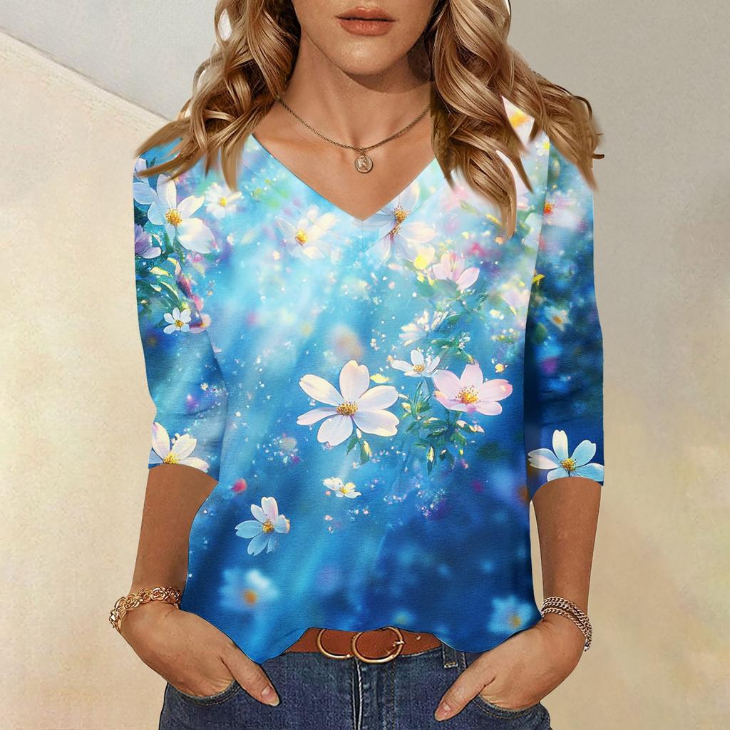 Женские топы, рубашка с рукавом три четверти, свободная повседневная рубашка с V-образным вырезом, футболка с цветочным принтом