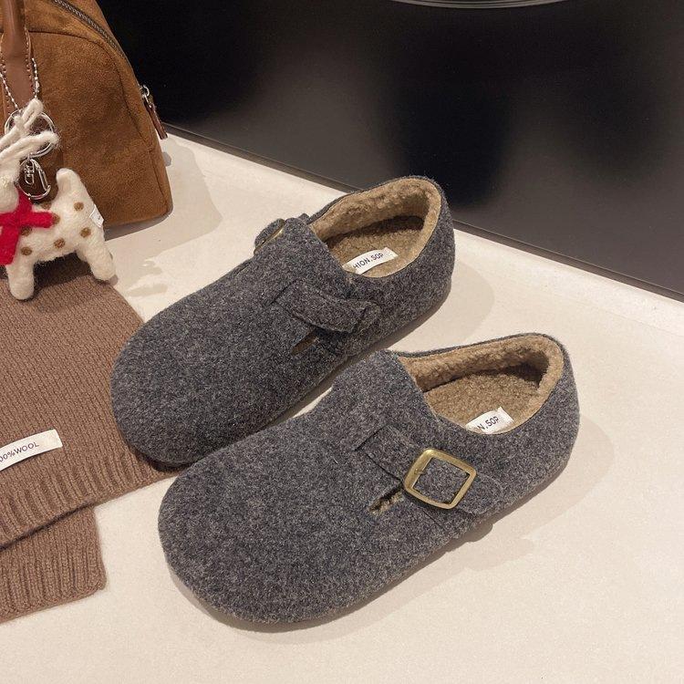 Ретро круглый носок войлочные плюшевые Birkenstocks плюшевые осенние и зимние термо хлопковые женские туфли шерсть