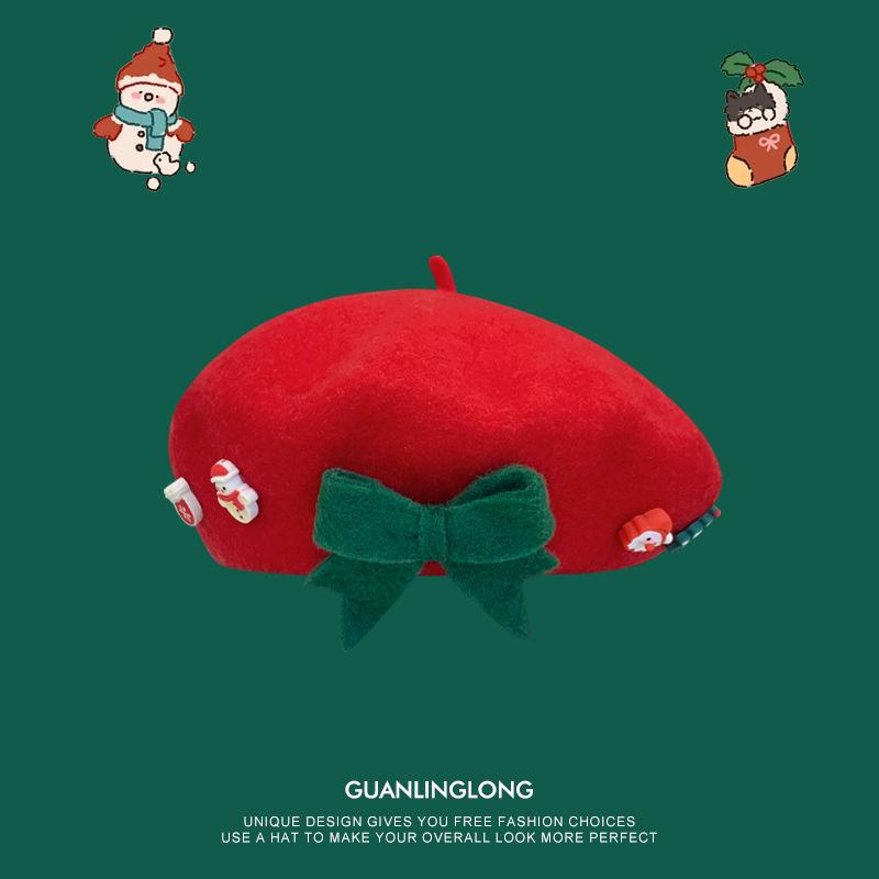 Рождественский берет с бантом для девочки, детская шерстяная теплая шапка для родителей и детей, рождественский подарок, шляпа художника