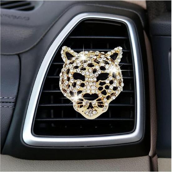 2PCs Golden Bling Leopard Air Freshener Vent Clip Rhinestone Car Decoration Interiors Accessory