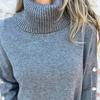 Женский свитер с высоким воротником, длинными рукавами, вязаный топ с рубчатой отделкой, однотонный, свободный низ, декорированный пуговицами, трикотаж
