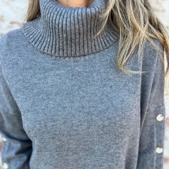 Женский свитер с высоким воротником, длинными рукавами, вязаный топ с рубчатой отделкой, однотонный, свободный низ, декорированный пуговицами, трикотаж