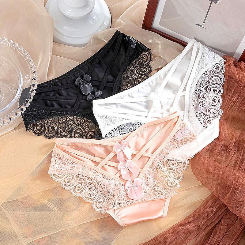Women Bowknot Spaghetti Strap Satin Panties Mid Waist Hollow Out Lace Briefs Solid Color Seamless