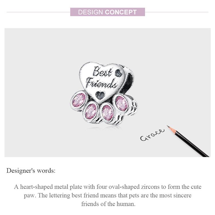 BAMOER из стерлингового серебра 925 пробы, оригинальные розовые овальные циркониевые бусины в форме собачьей лапы для женщин, изящные ювелирные изделия