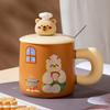 Relief Bear with Lid Spoon Ceramic Cup Cartoon Cute Animal Mug Girl Couple Water Cup Small Gift Cup