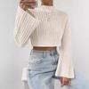 Autumn and Winter New European and American Solid Color Versatile High Waist Short Style Trumpet Sleeve Half High Collar Pullover Sweater for Women
