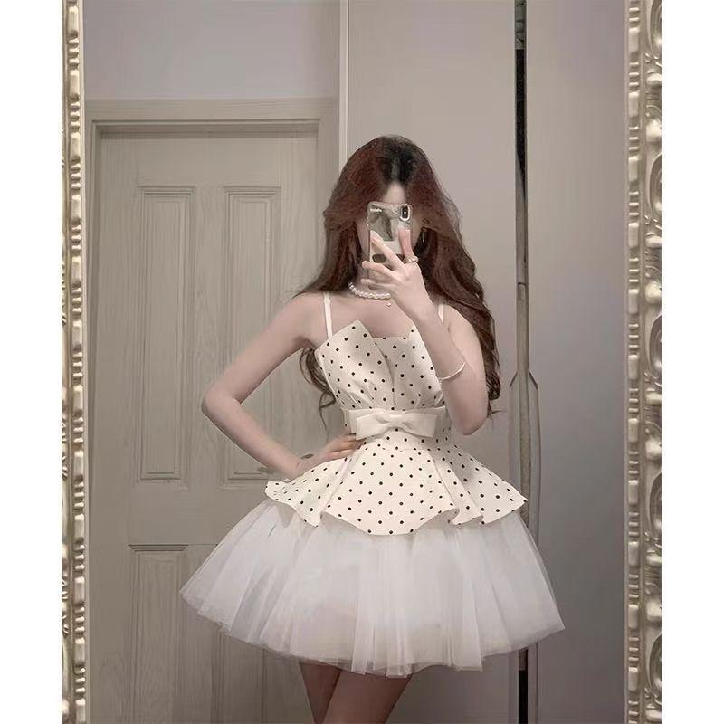 Princess tutu dress suspender New summer polka dot splicing mesh princess ballet waist puffy dress