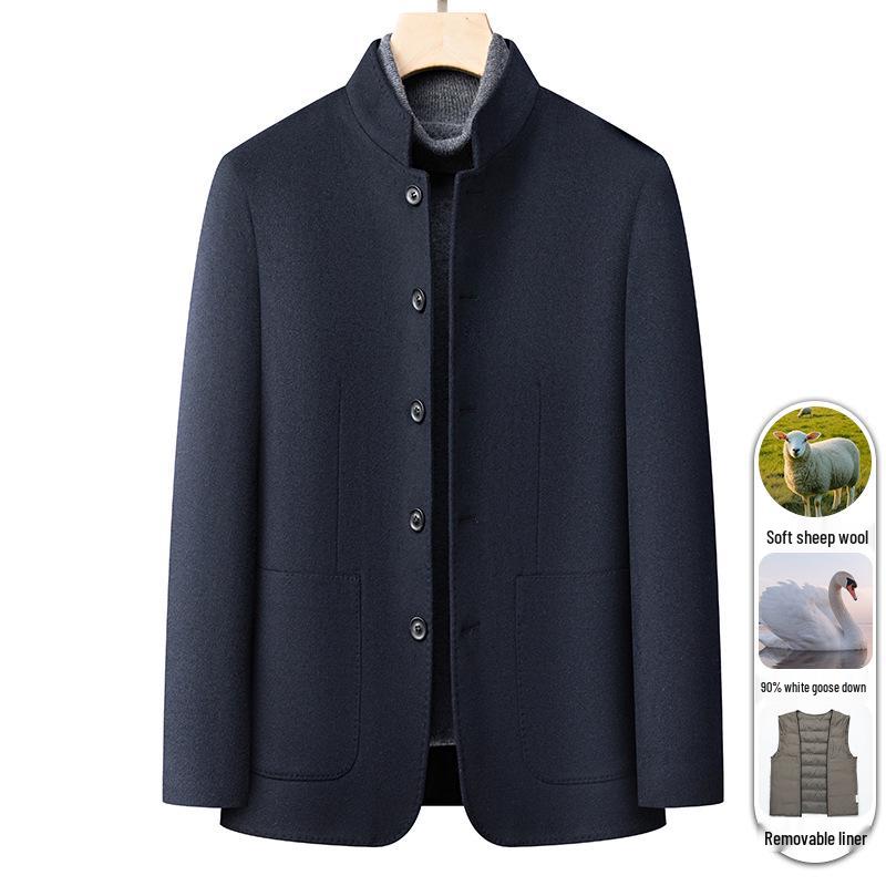Мужской шерстяной костюм Чжуншань для папы: Зимнее пальто в стиле business casual с подкладкой из пуха