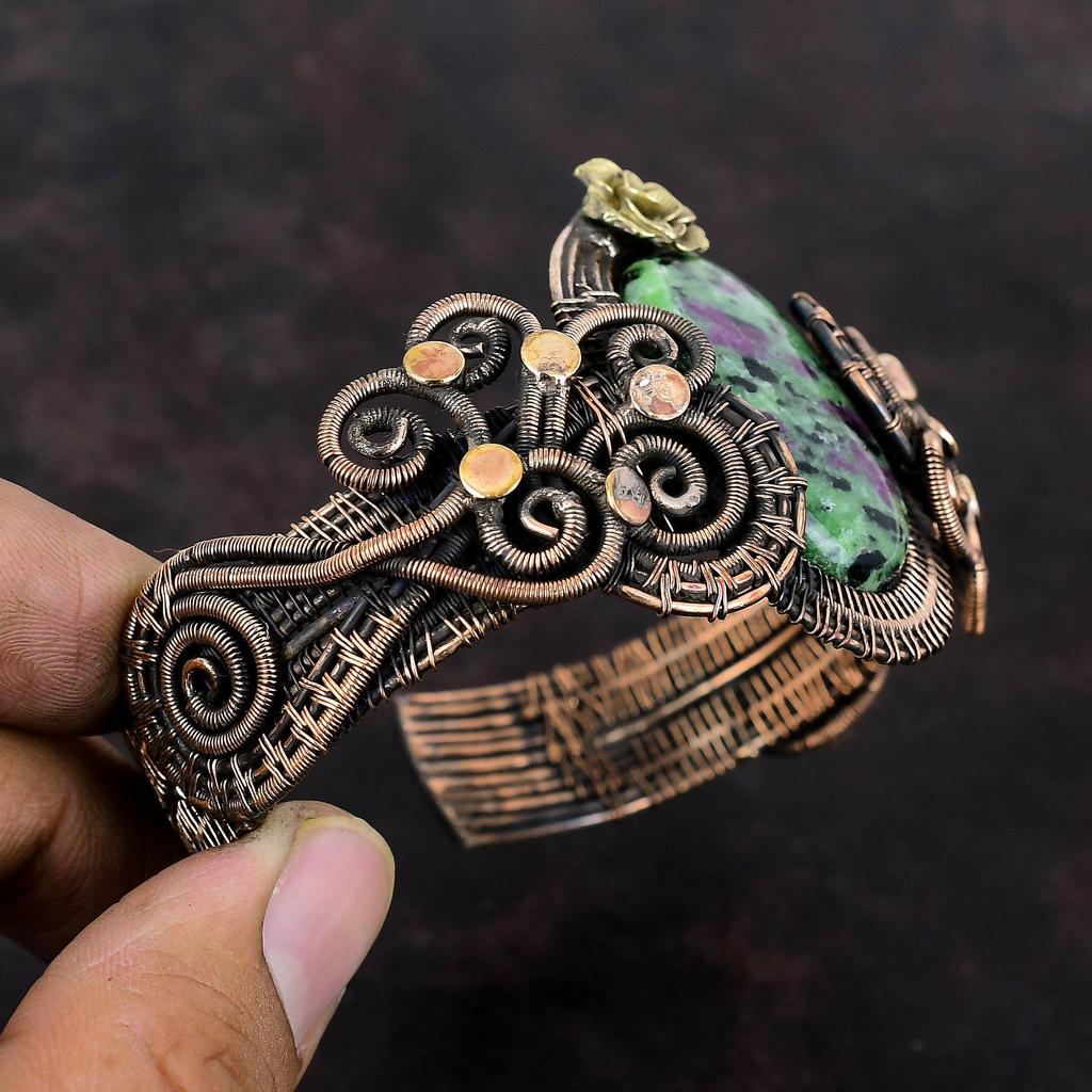 Ruby Zoisite Bangle Copper Wire Wrapped Cuff Bracelet Handmade Copper Jewelry Adjustable Bangle Gemstone Bracelet Flower Bangle Gift For Him